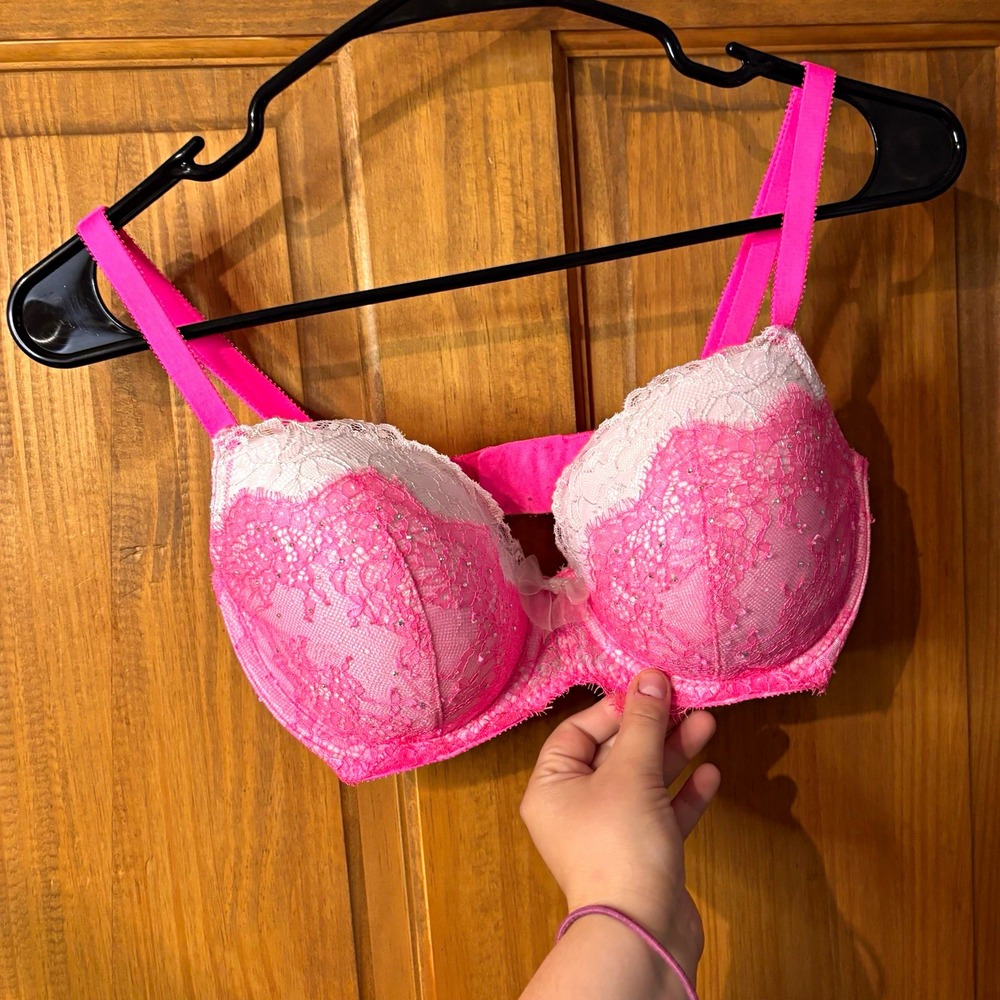 Victoria's Secret Dream Angels Y2K Hot Pink Lace Rhinestone Lined Demi Bra 34DD